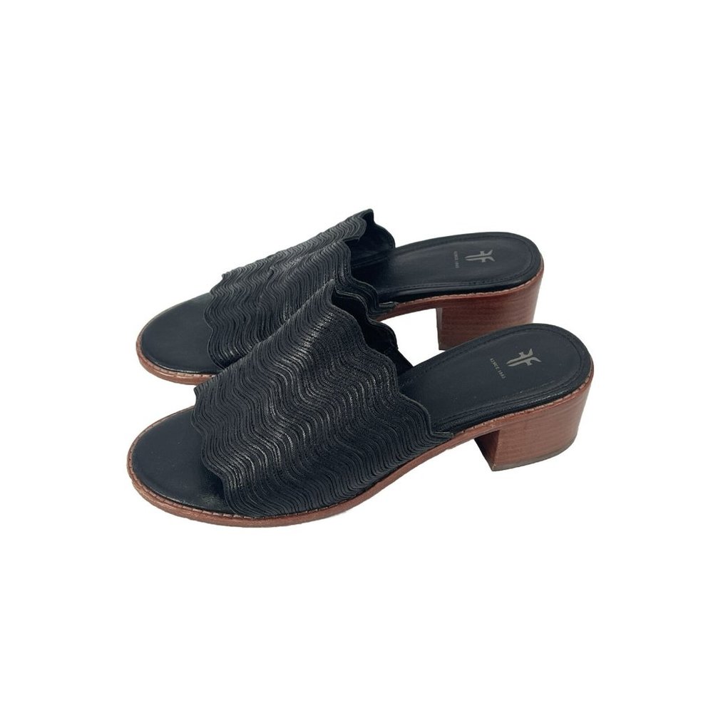 Frye Cindy Black Leather Slip On Block Heel Mules Sandals Scalloped Sz 6